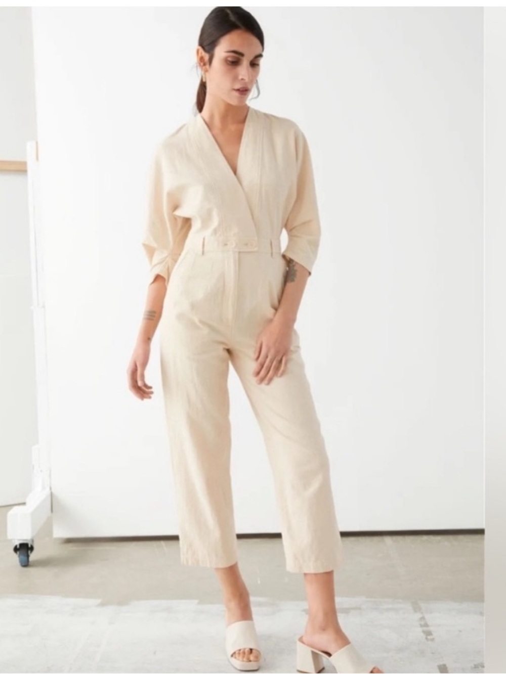 & OTHER STORIES linen blend JUMPSUIT cropped IVORY lightweight size 6 new!